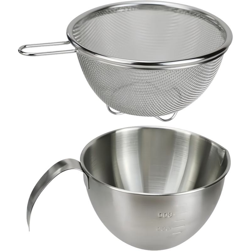 Stainless Steel Mixing Bowl with Kitchen Drain Basket, Sieve Bowl, Baking Mold, Measuring Cup with Handle