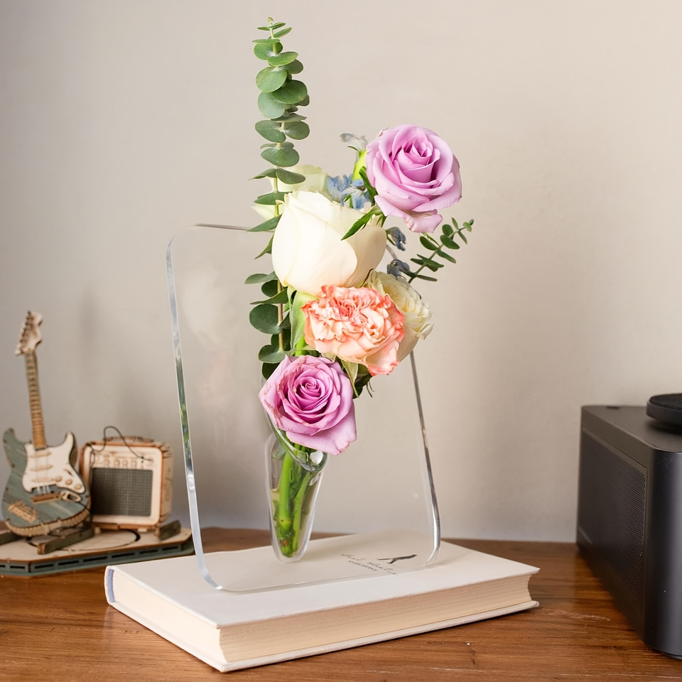 Modern Elegant Single Flower Holder with Photo Frame Design Crystal Acrylic Vase for Home Table Decoration
