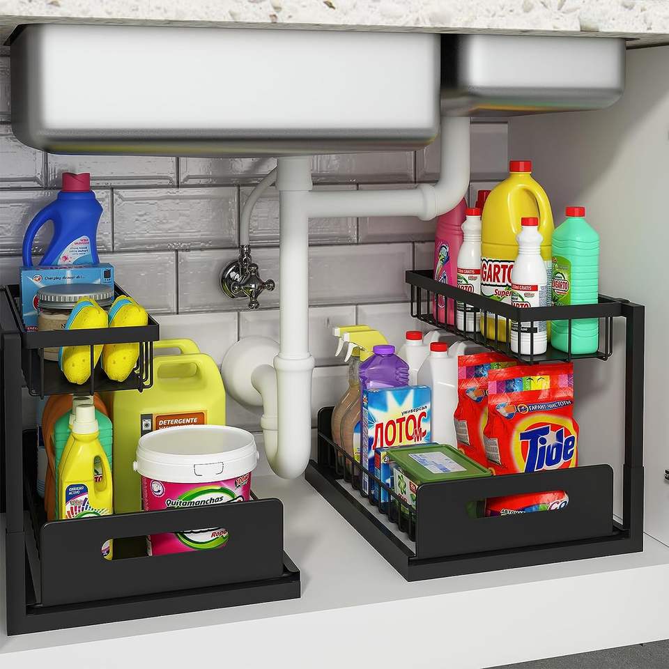 2-Tier Retractable Sink Rack Carbon Steel Kitchen Bathroom Under Cabinet Sink Storage Organizer Shelf