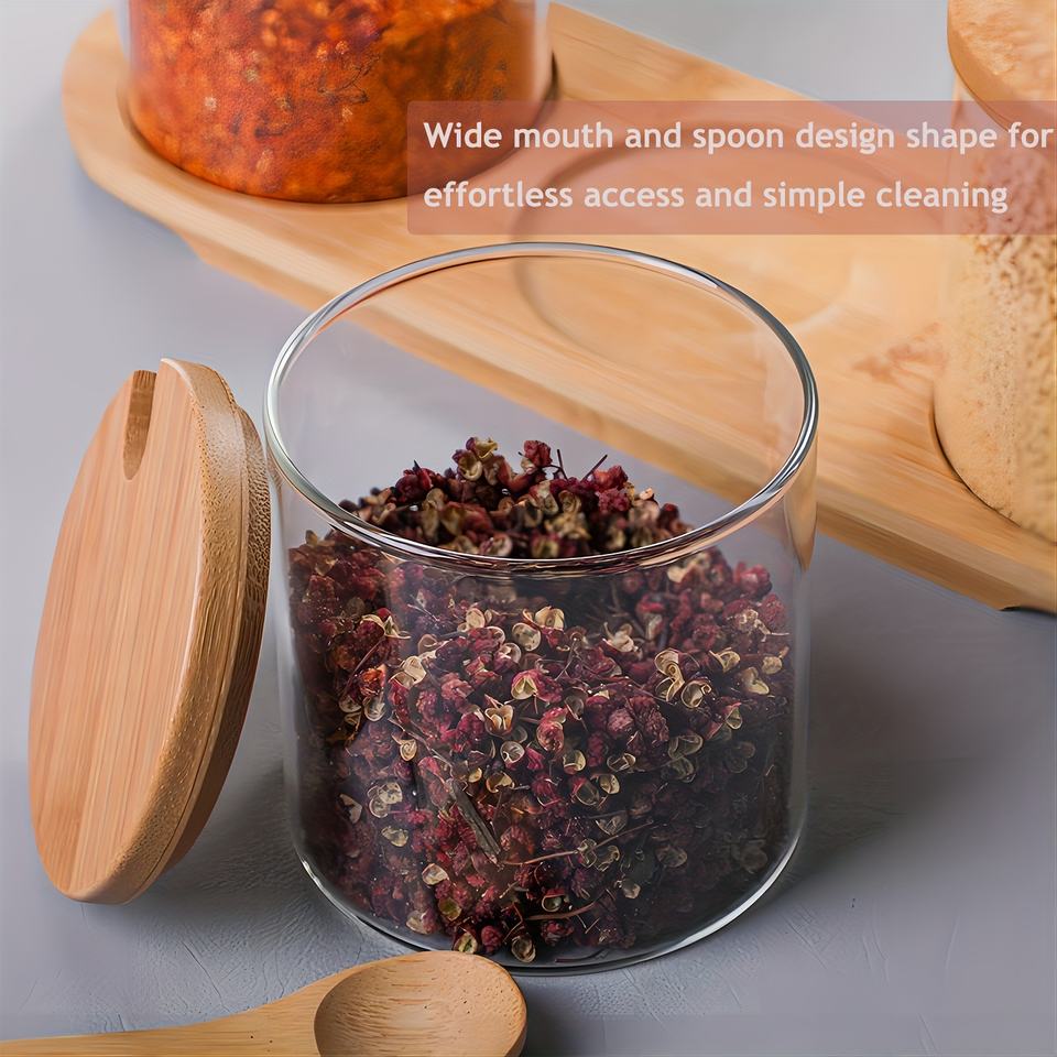 Creative Kitchen Glass Bamboo Lid Spice Jar Set, Salt and Pepper Shakers with Tray and Spoons - Spice Storage Box with Lid