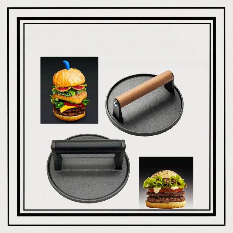 High-Performance 6.5'' Cast Iron Grill Press for Cooking Sandwiches with Teak Smash Burger Press
