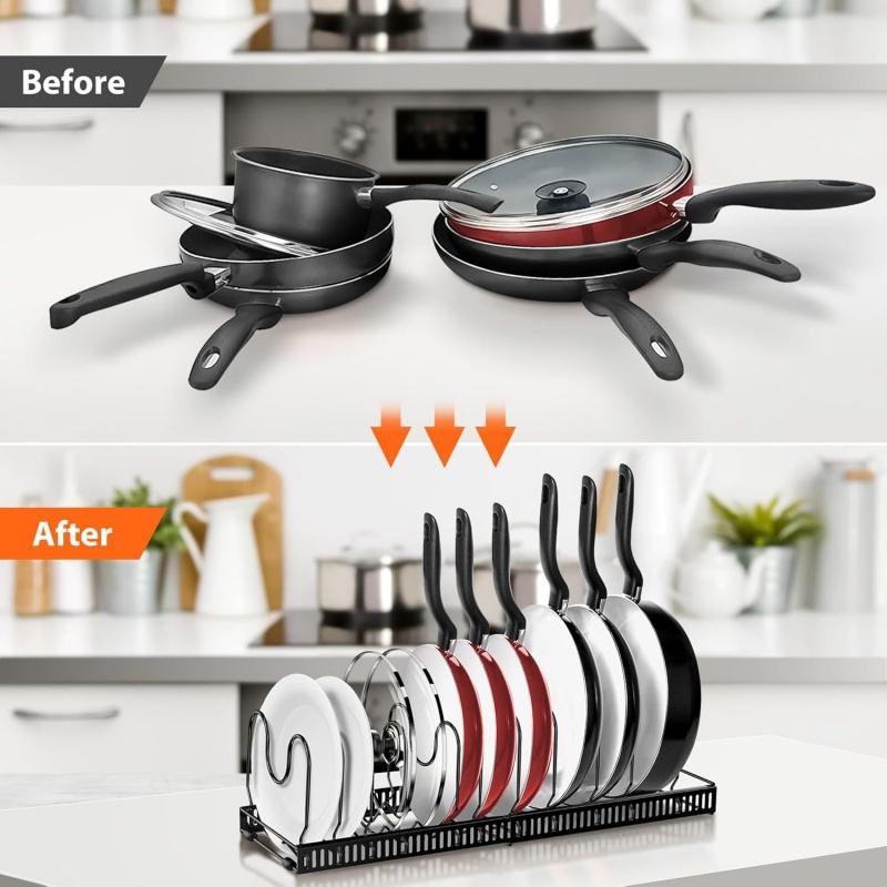 Adjustable Pot and Pan Organizer Rack for Kitchen Countertop