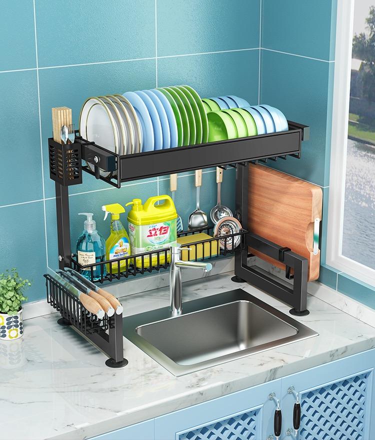 Large Dish Drying Rack for Kitchen Countertop with Multiple Baskets Cutlery Sponge Sink Rack 2 Tier Black