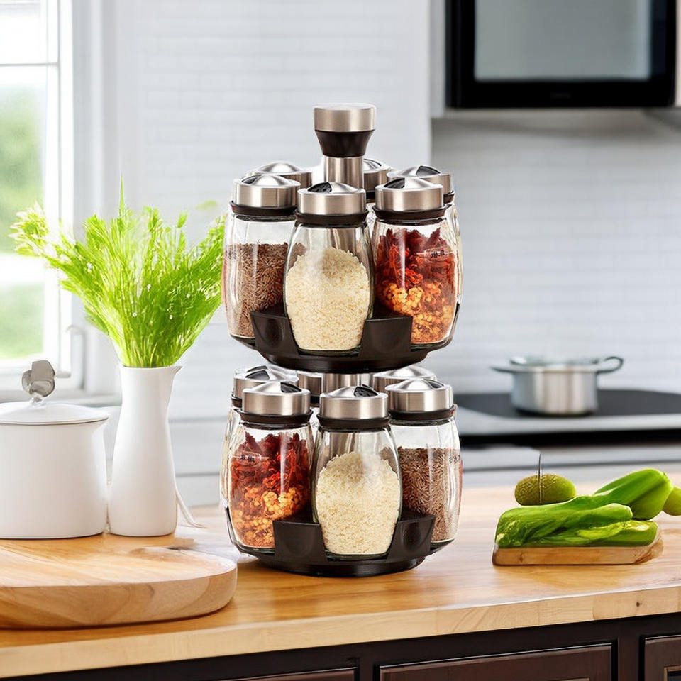 Multifunctional Rotating Kitchen Spice Rack Set with 6 Spice Jars Spice Container Set for Home/Dorm/Restaurant