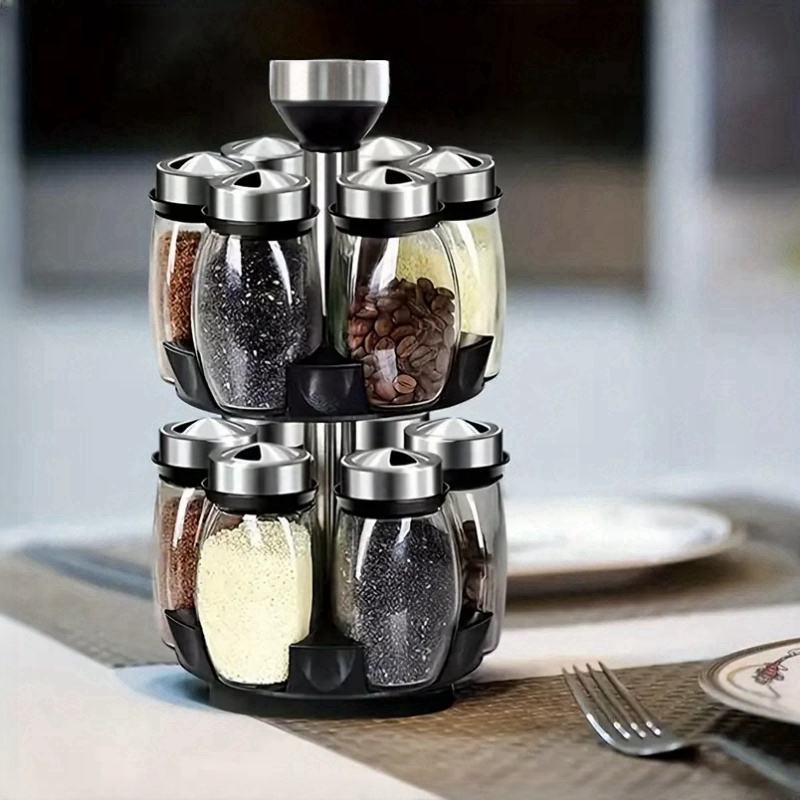 360-Degree Rotating Spice Rack with 6/12 Polished Metal Glass Organizers for Pepper Salt Spice Set Seasoning Lover