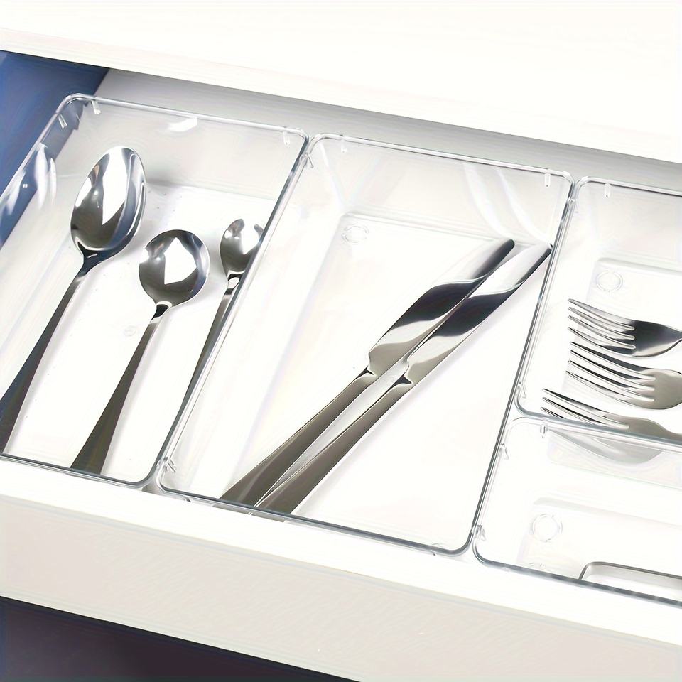 6/11/15 Transparent Plastic Drawer Organizer Set - 4 Large, Versatile Kitchen Drawer Organizer Utensil Trays, Stackable Dividers