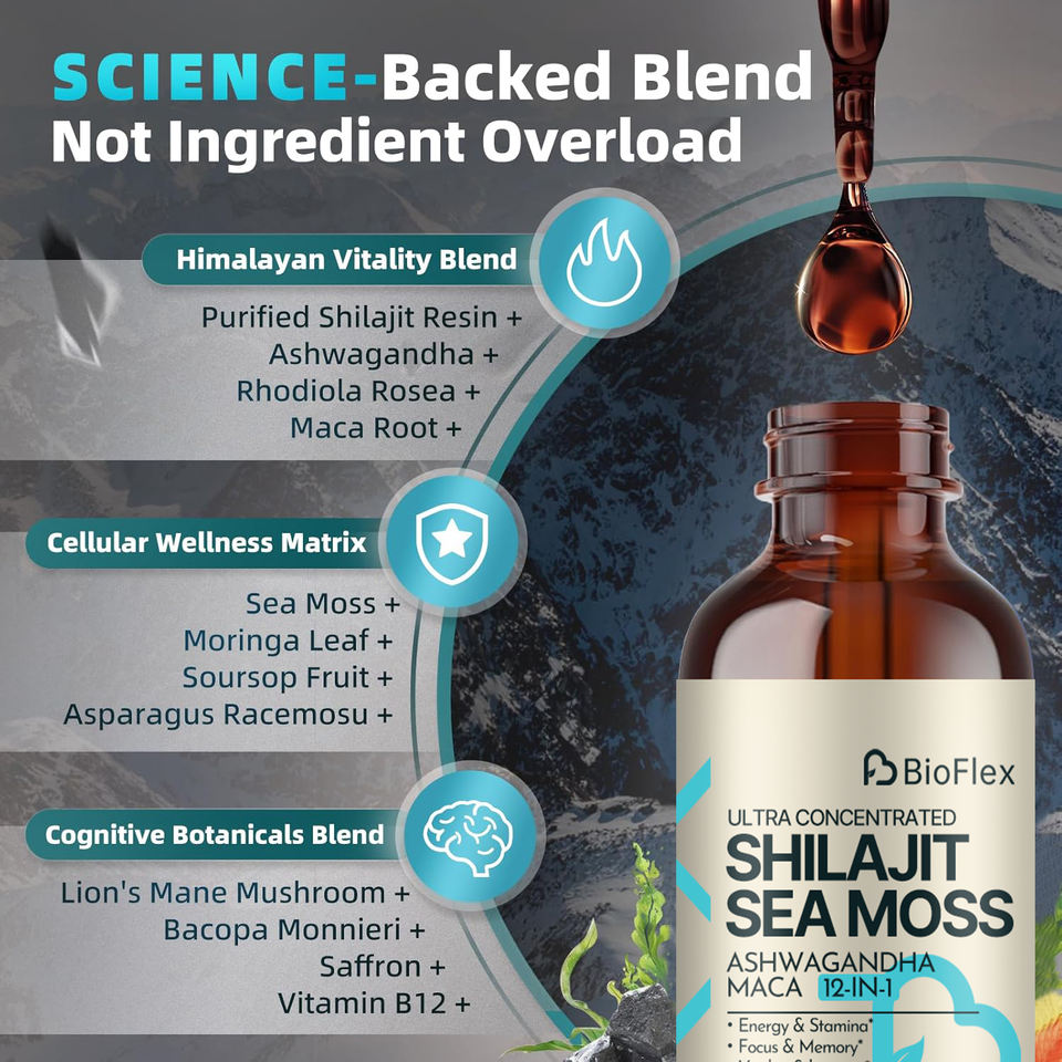 BioFlex 12-in-1 Shilajit Liquid Drops with Irish Moss, Ashwagandha & 85+ Trace Minerals Fulvic Acid for Men and Women