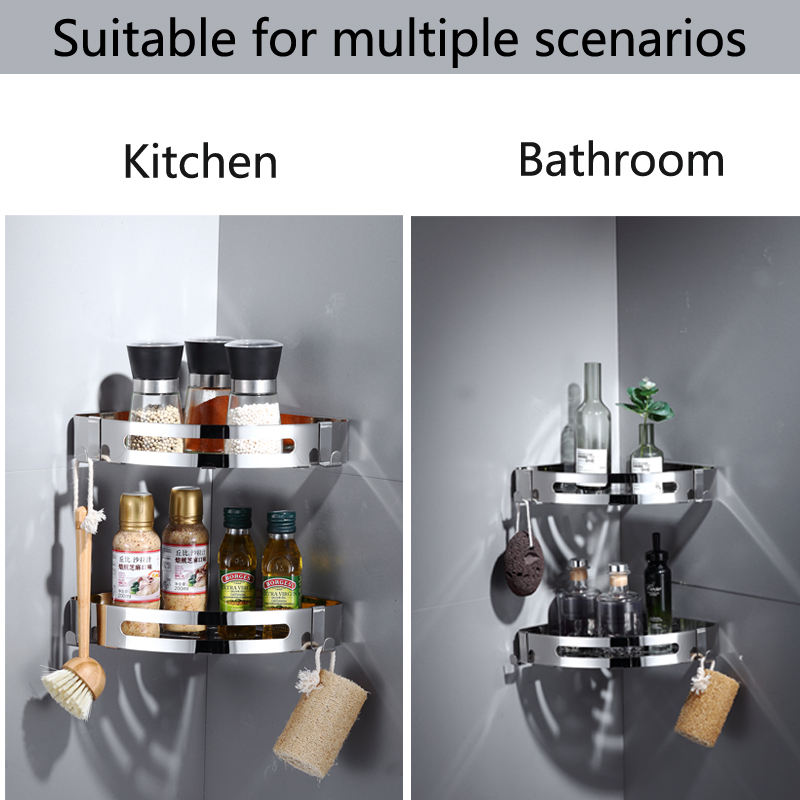 Stainless Steel Bathroom Shower Corner Shelf Caddy with 2 Hooks Wall Mounted Bath Rack
