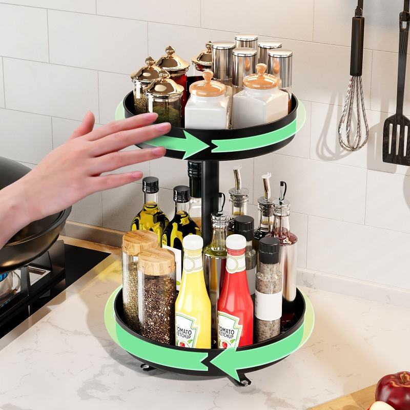 360° Rotating 2-Layer Metal Kitchen Organizer Spice Rack Multifunctional Home Storage Cabinet Shelf