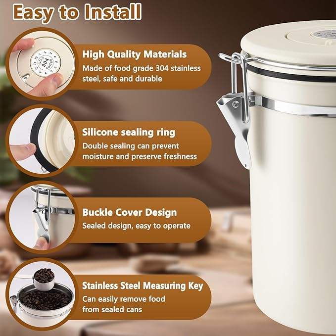 Airtight Stainless Steel Coffee Bean Storage Container with Measuring Spoon