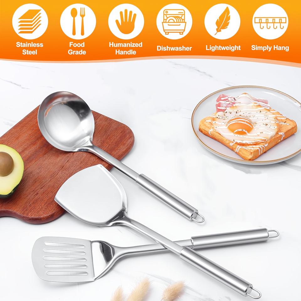 Stainless Steel 3-Piece Multi-Purpose Kitchen Utensil Set - Spoon, Spatula, Dishwasher Safe - Ideal for Home, Apartment, Dorm Use