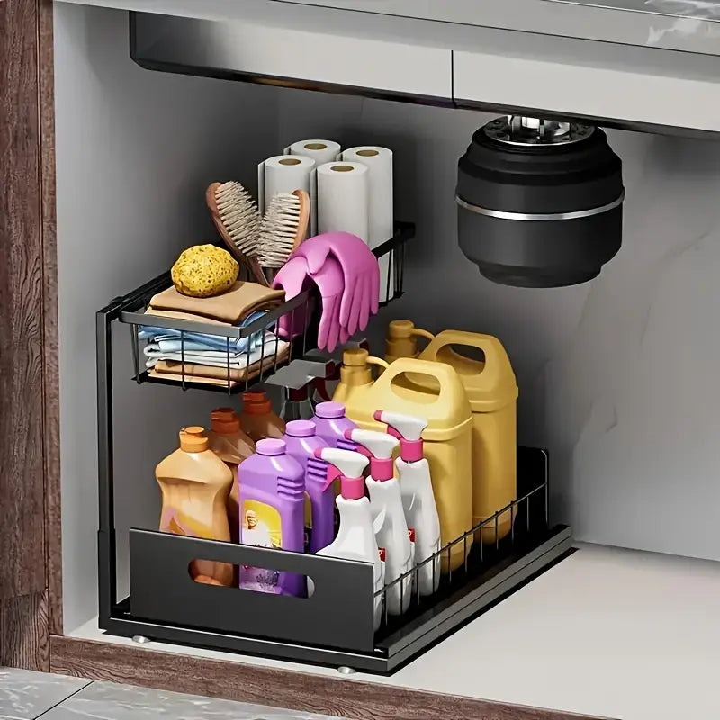 2-Tier Retractable Sink Rack Carbon Steel Kitchen Bathroom Under Cabinet Sink Storage Organizer Shelf