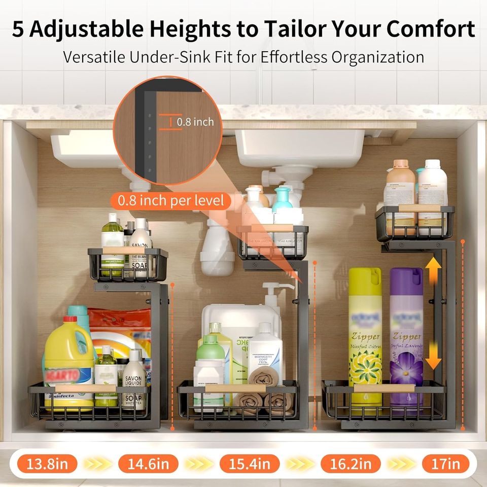 Adjustable Kitchen Sink Storage Shelf Rack Slide-Out Drawer Spice Racks Kitchen Cabinets Storage Box