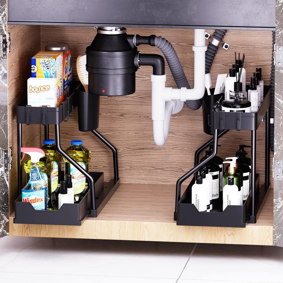 2-Layer Under-Sink Organizer with Extendable Kitchen Shelf and 4 Hooks Multifunctional Sink Storage for Bathroom, Under Kitchen Sink
