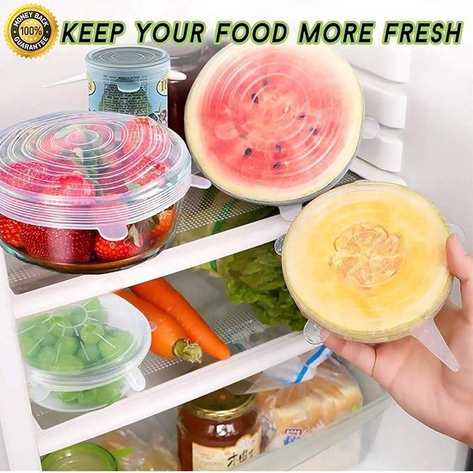 Silicone Stretch Crisper Lids Reusable Bowls Durable Food Storage Silicone Lid, 6 Sizes for Most Containers