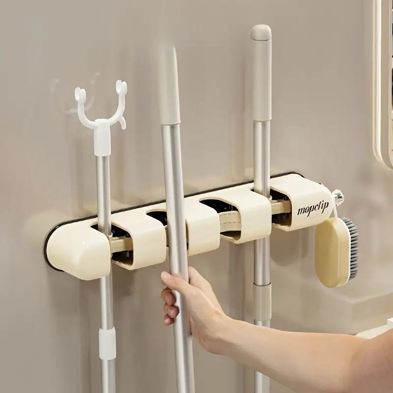 Space-Saving Wall Mop and Broom Holder - Easy to Install, No Drilling Required, Ideal for Bathrooms, Gardens, Garages