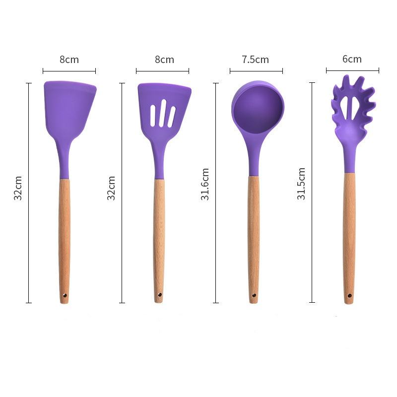 High-Quality 12-Piece Silicone Kitchen Utensil Set with Wooden Handle - Non-Stick Spoon, Ladle, Spatula, Tongs Kitchen Tool