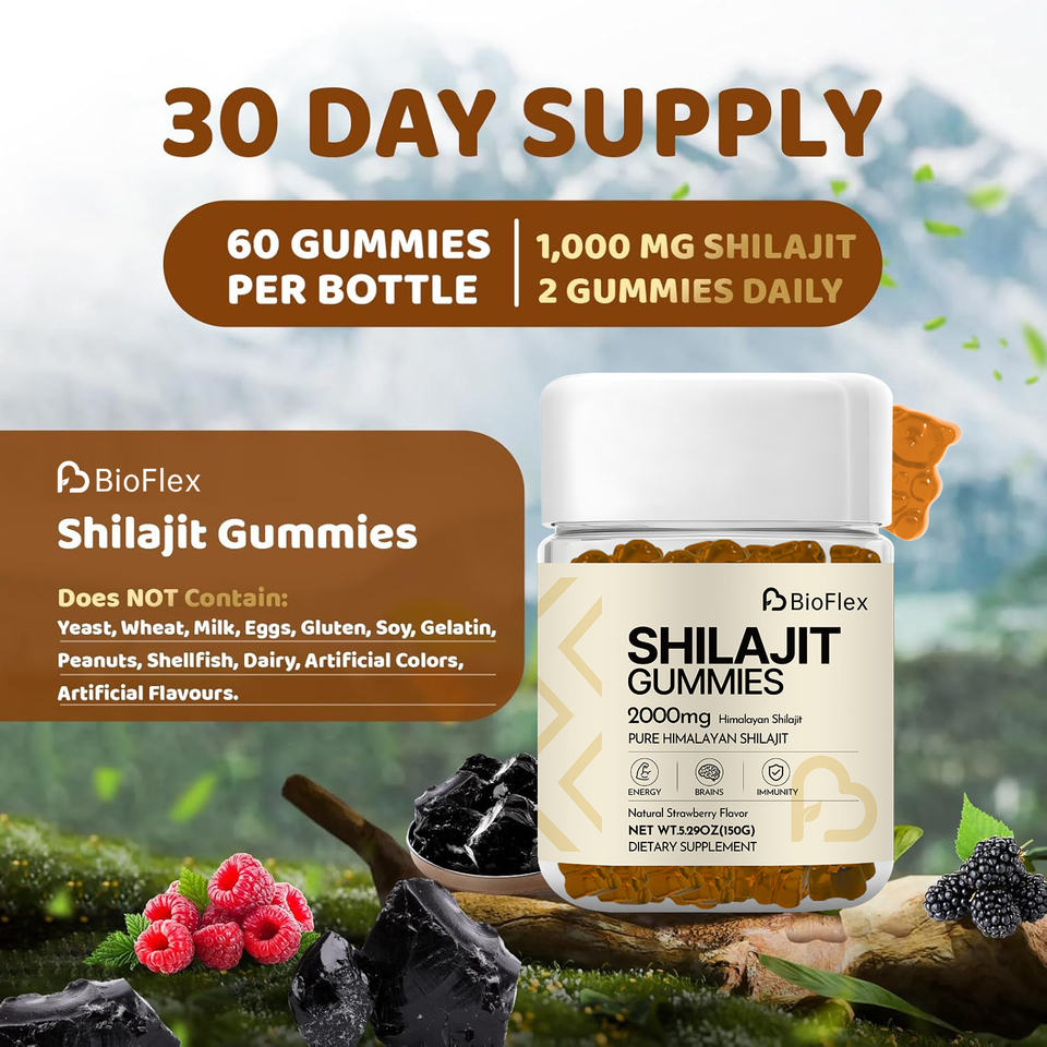 BioFlex Organic Pure Himalayan Shilajit Gummies for Men and Women - Calcium, Zinc, Selenium Supplement for Energy & Immune Support