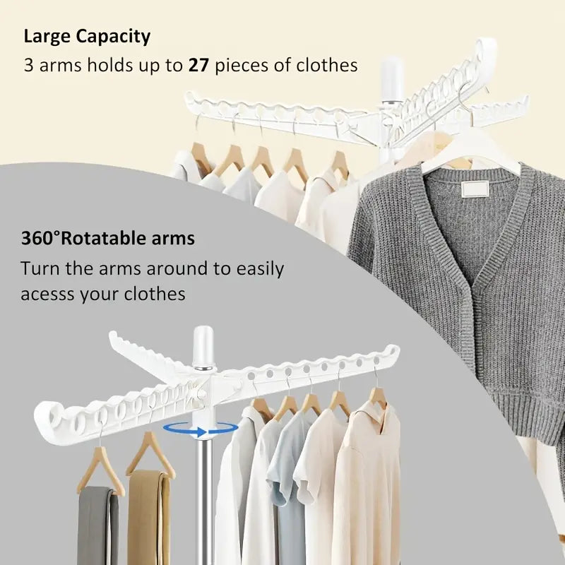 Multifunctional Folding Standing Clothes Drying Rack with Rotating Hangers for Bathroom, Home & Outdoor Space Use