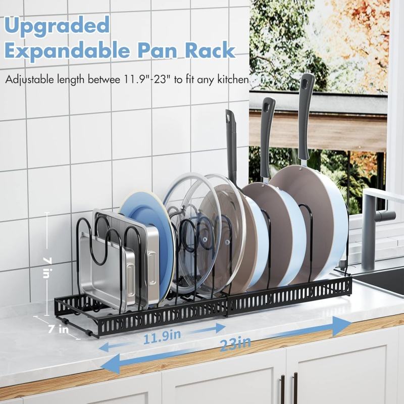 Adjustable Pot and Pan Organizer Rack for Kitchen Countertop