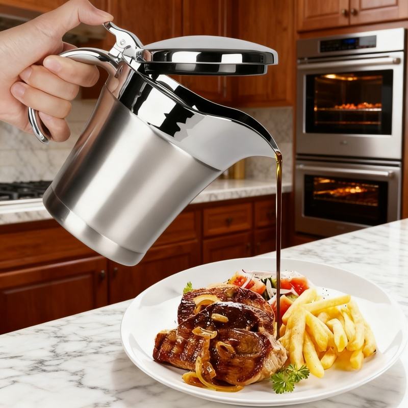 Insulated Stainless Steel Sauce Container with Spout, Foldable Lid, Dishwasher Safe, Easy to Clean, American Style