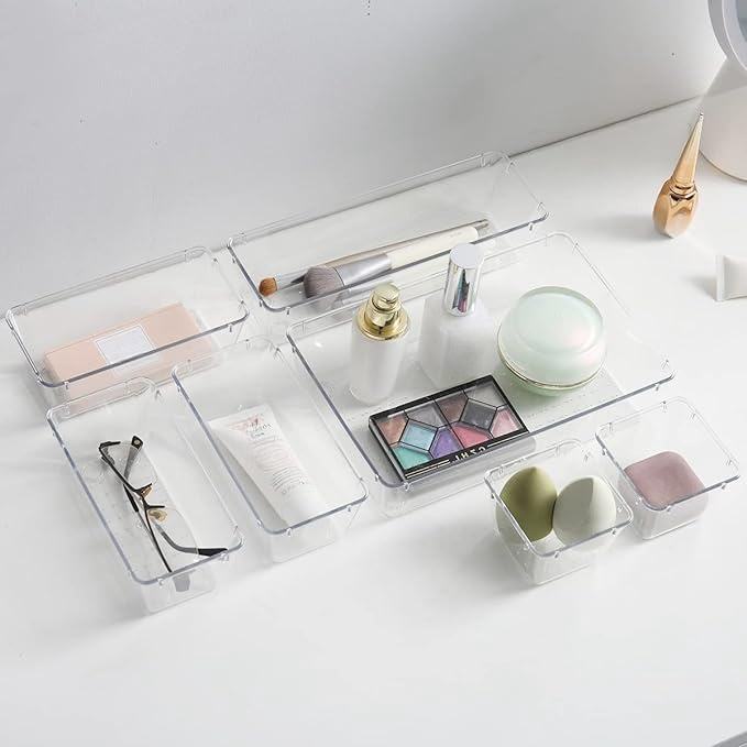 Clear Plastic Multi-Size Organizer Set for Desktop Drawers, Bathroom Vanity, and Dresser - Cosmetic Storage