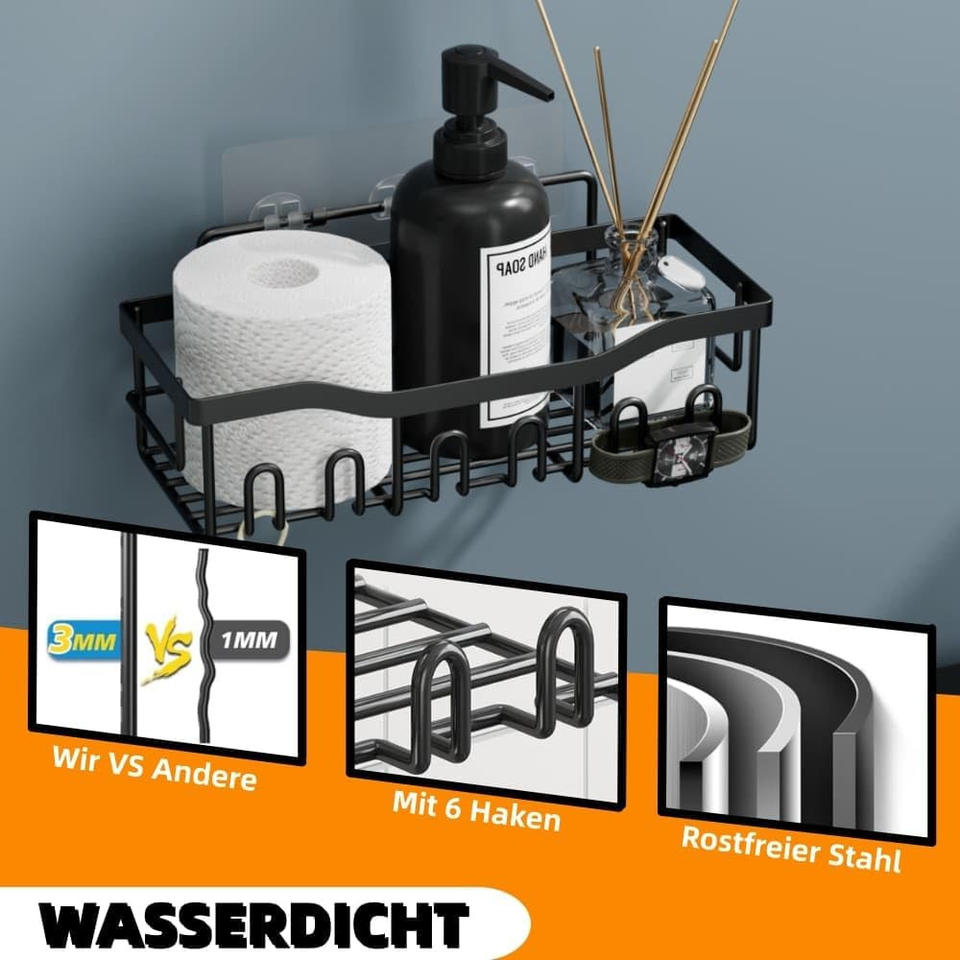 5-Piece Bathroom Wall Shelf Set, Black Metal Self-Adhesive Storage Rack for Bath, Kitchen, and Shower