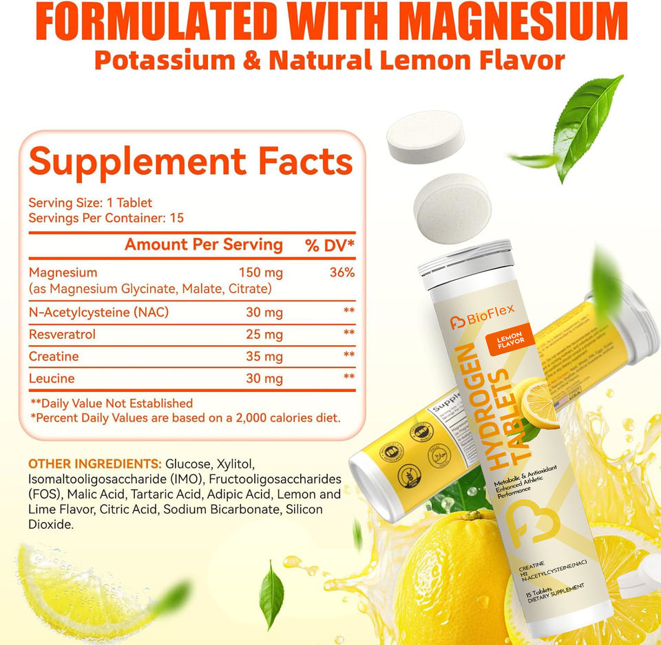 BioFlex OEM Private Label Natural Lemon Flavor 15 Tablets H2 Molecular Hydrogen Water Effervescent Tablets with Creatine & NAC