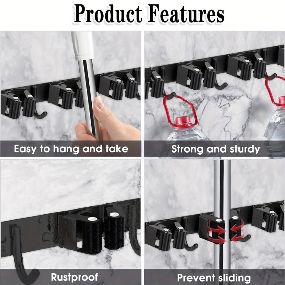 Multifunctional Wall-Mounted Mop Rack Heavy Duty Organizer with 5 Slots 4 Hooks Broom Mop Holder, Household Appliances