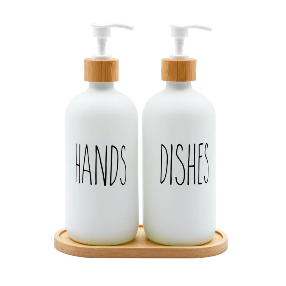 Modern Glass Soap Dispenser with Wooden Base, Hand Pump for Kitchen/Bathroom Countertop Design