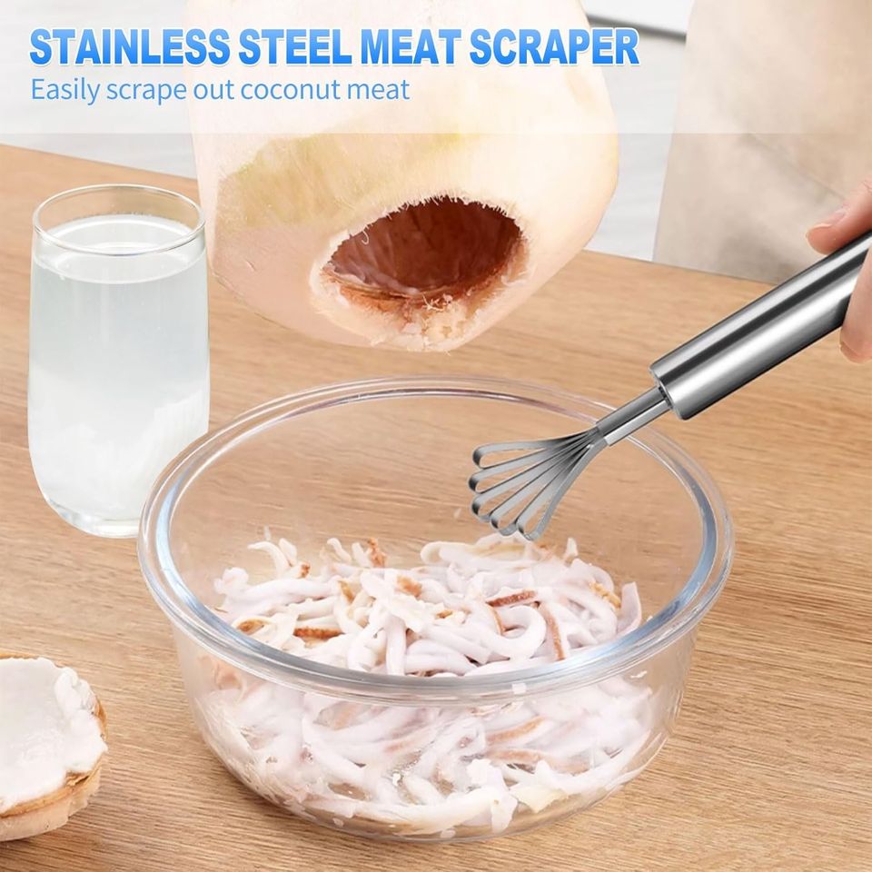 Premium Stainless Steel Coconut Opener Set with Rubber Mallet and Wood Handle Shell Cutter