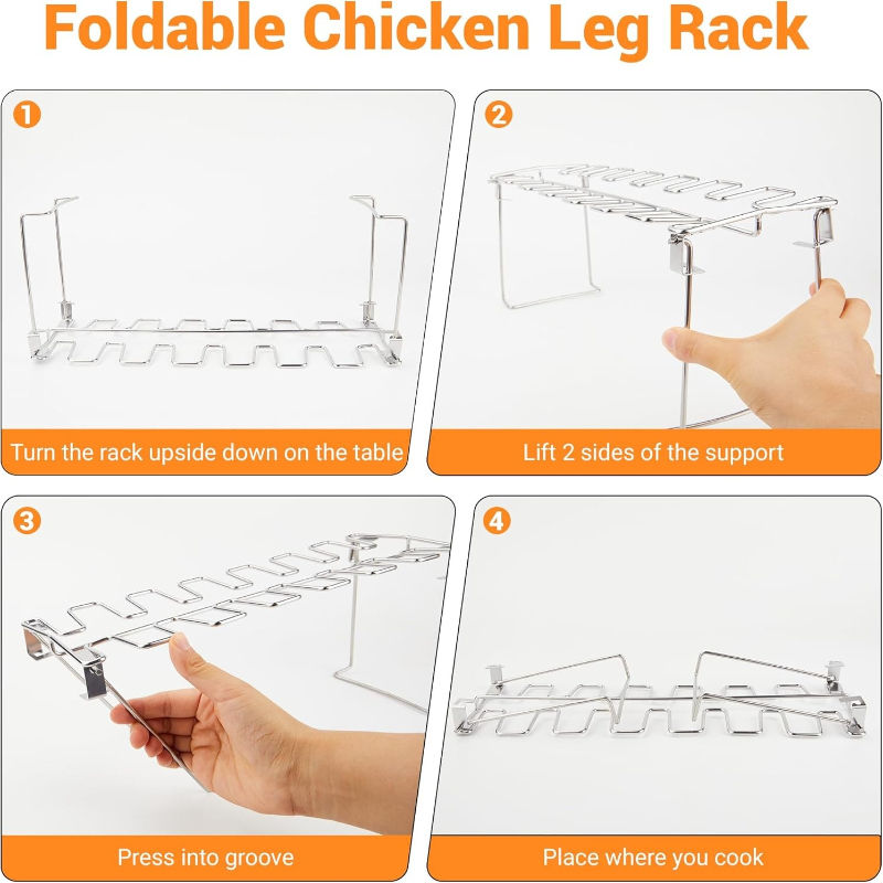 Stainless Steel Folding Chicken Leg Rack with Drip Pan - Ideal for Outdoor BBQs
