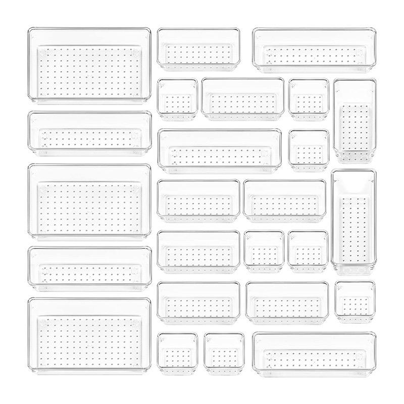 Clear Plastic Multi-Size Organizer Set for Desktop Drawers, Bathroom Vanity, and Dresser - Cosmetic Storage