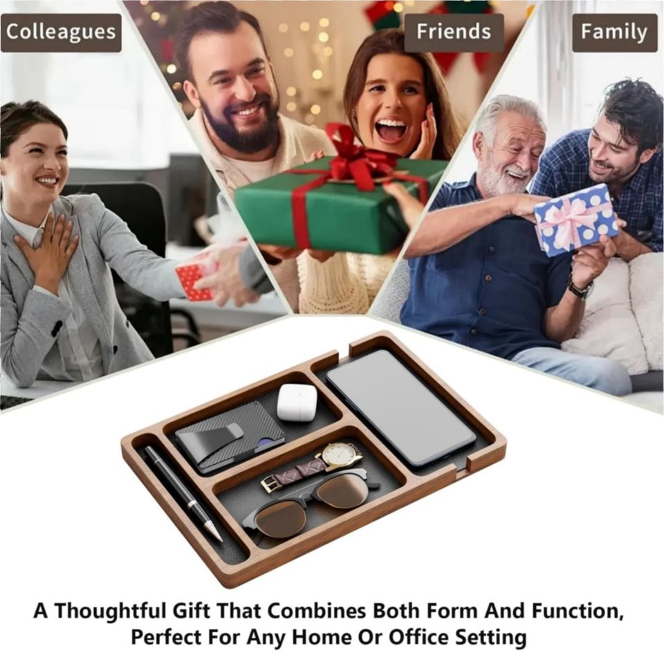 Elegant Durable Wood Drawer Organizer with Faux Leather Insert Multi-Compartment Desk Drawer Organizer for Keys Nightstand Storage Box