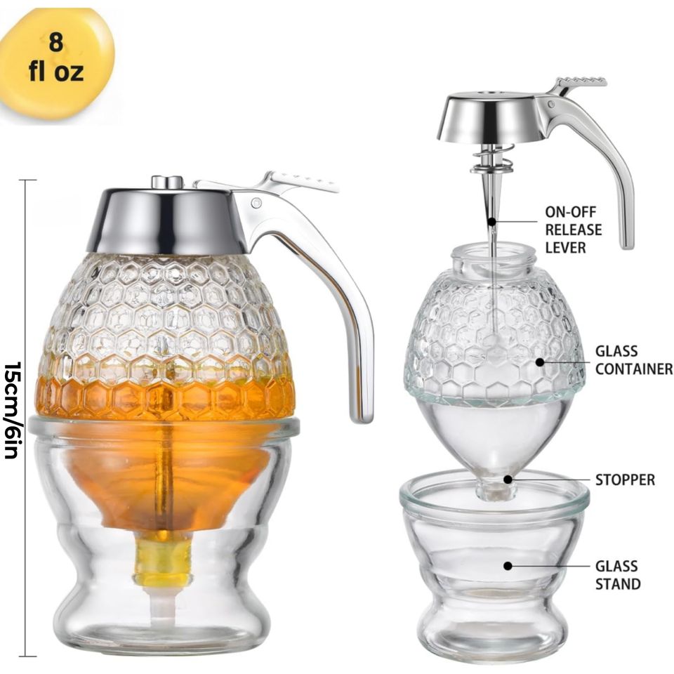 Modern 8 oz Food-Grade Plastic Container Transparent Plastic Honey Dispenser with Drip-Free Stand and Scoop for Parties