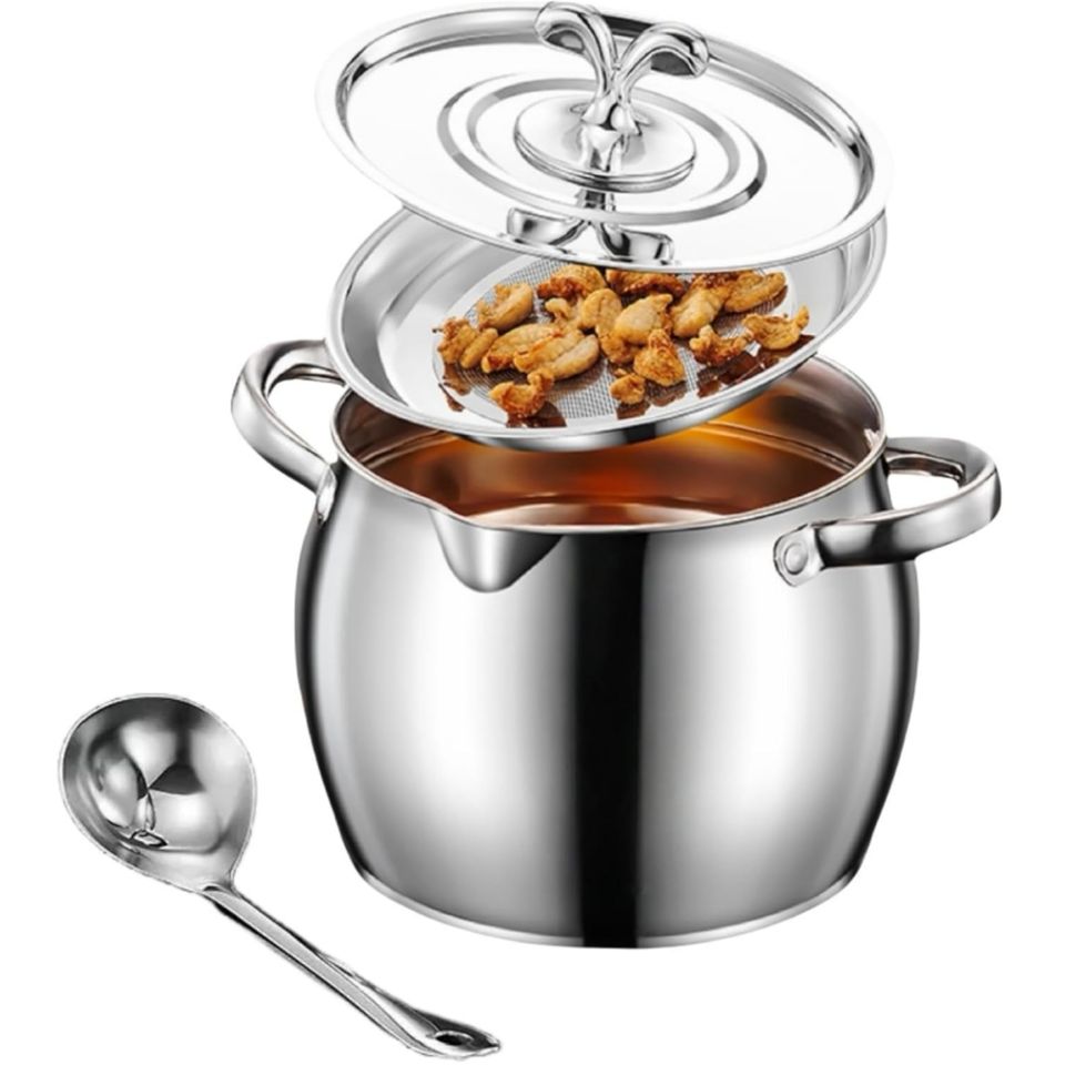 Stainless Steel Kitchen Sieve Pot with Large Capacity and Removable Fine Mesh, Double-Handled for Grease Bacon Fat Storage Slard Ghee