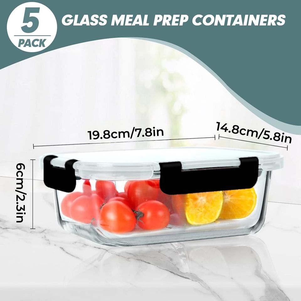 5-Pack 1040ML High Borosilicate Thick Glass Food Container Set Adult Bento Lunch Box