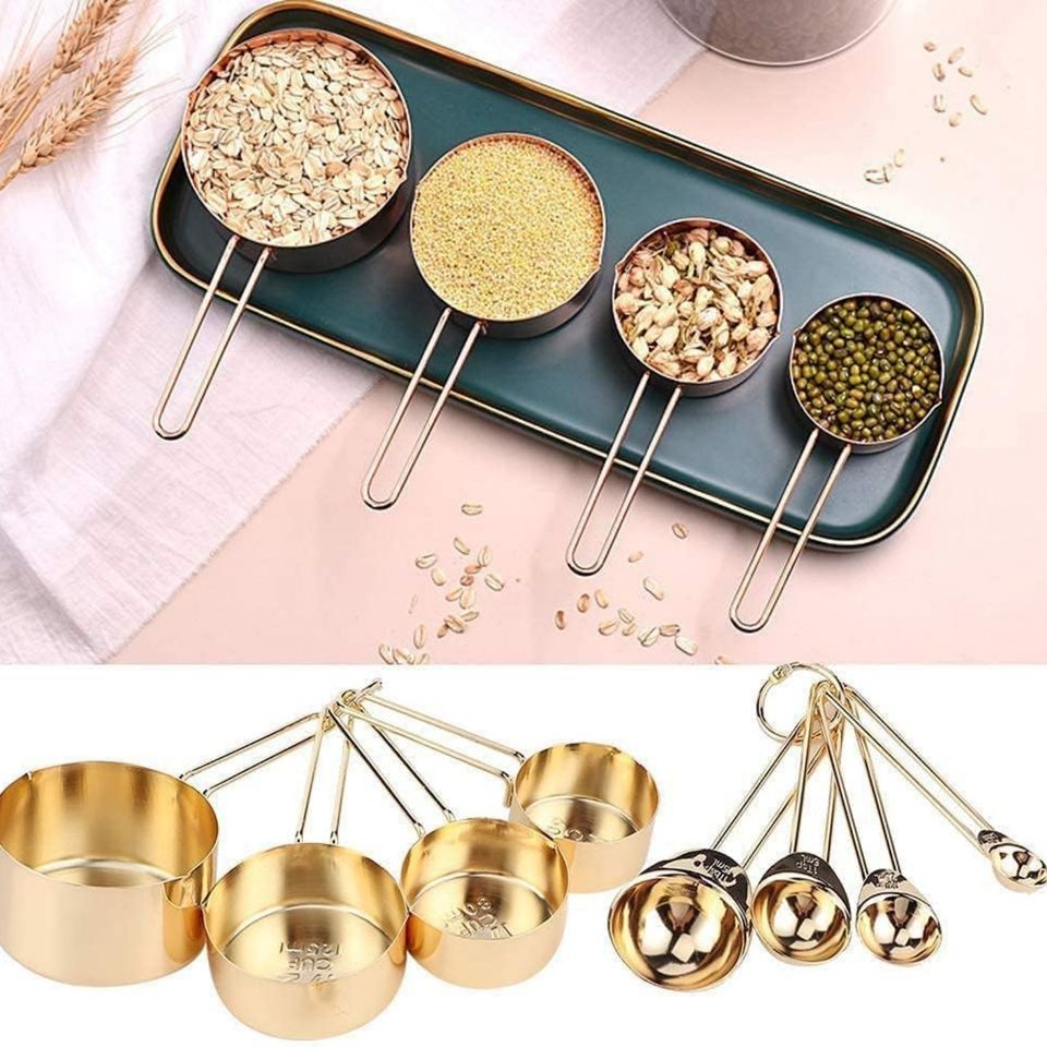 Stackable Stainless Steel Measuring Cups and Spoons Set with Engraved Marking Ruler for Baking and Liquid Measurement