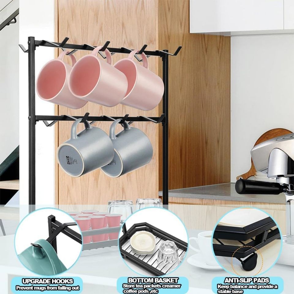 2-Tier Wall Organizer Cabinets in Polished Stainless Steel Large Coffee Cup Display Stand Storage Box for Kitchen Pots