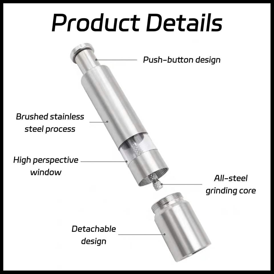 Modern Thumb-Press Stainless Steel Salt and Pepper Grinder for Black Pepper and Sea Salt