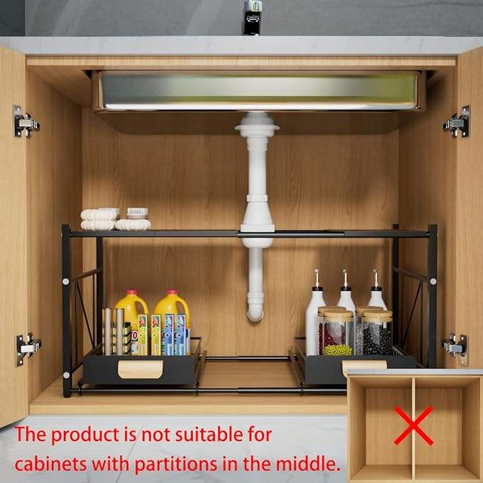 Expandable Kitchen Under Sink Organizer and Storage - Stainless Steel Bathroom Organizer and Storage - 2 Tier Sliding Basket Drawers