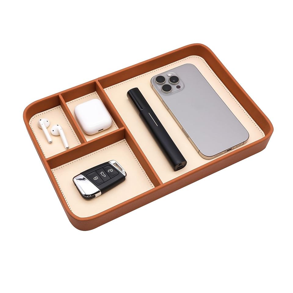 Modern Stylish Leather Valet Tray Nightstand Organizer for Keys Watch Essentials Desk Drawer Storage for Living Room