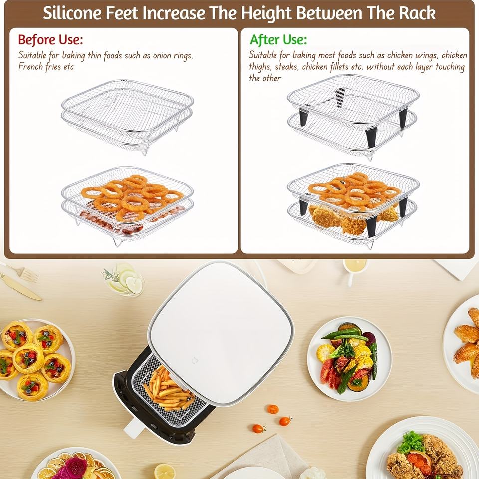 Stackable Hot Air Fryer Basket with Silicone Feet and 1 Pair of Tongs, Accessory Basket for Air Fryers, Ovens, and Pressure Cookers