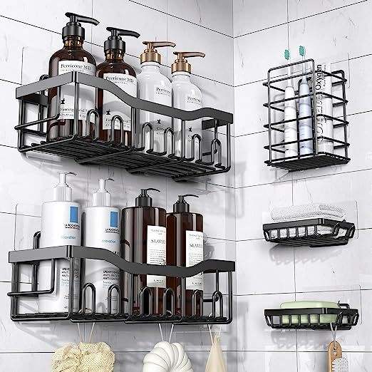 5-Piece Bathroom Wall Shelf Set, Black Metal Self-Adhesive Storage Rack for Bath, Kitchen, and Shower