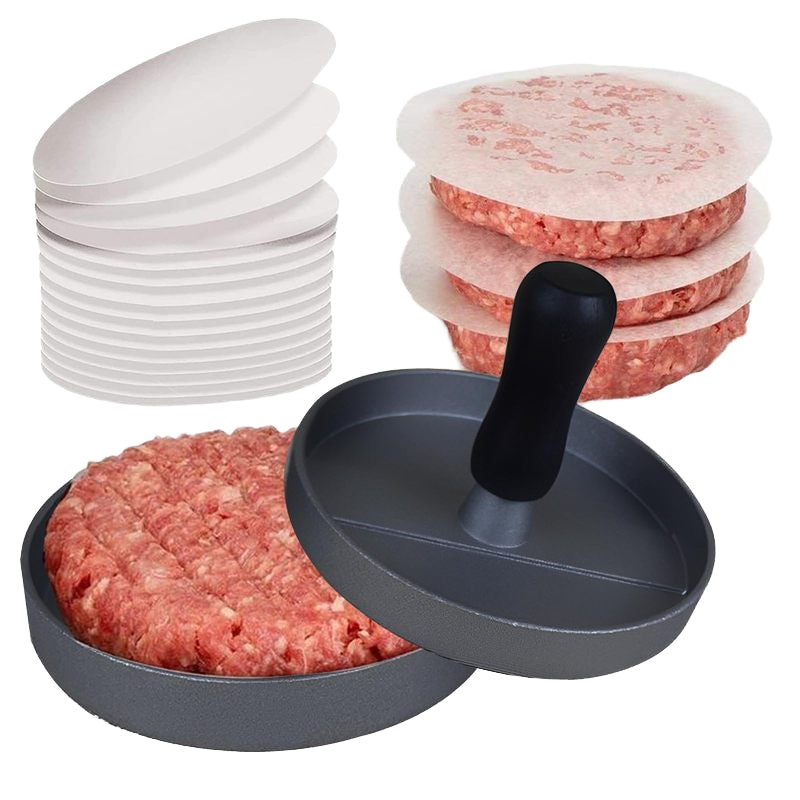 BPA Free Aluminum Burger Press with 100 Patty Papers Set for Beef, Cheese, Veggie Burgers - Grill Meat Stuffer Tool