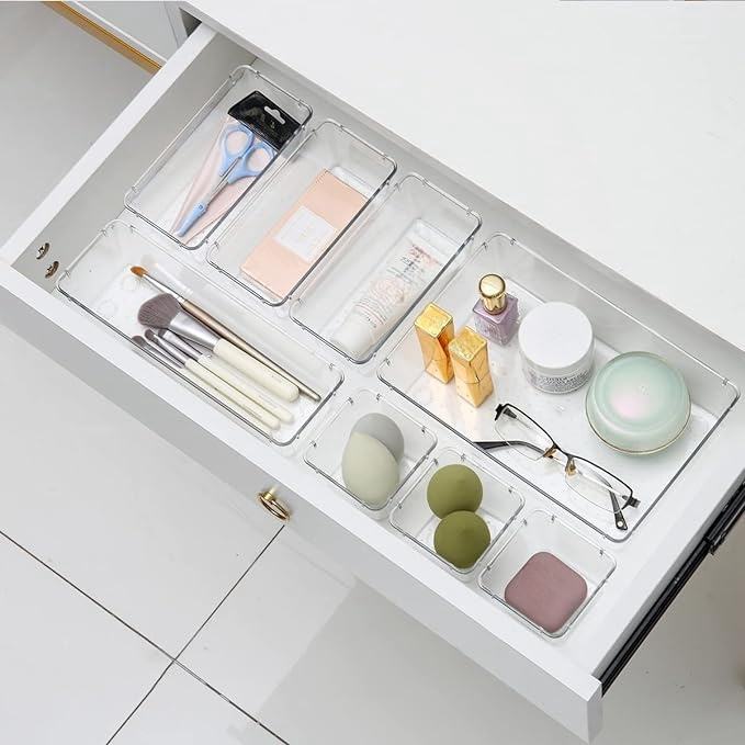Clear Plastic Multi-Size Organizer Set for Desktop Drawers, Bathroom Vanity, and Dresser - Cosmetic Storage