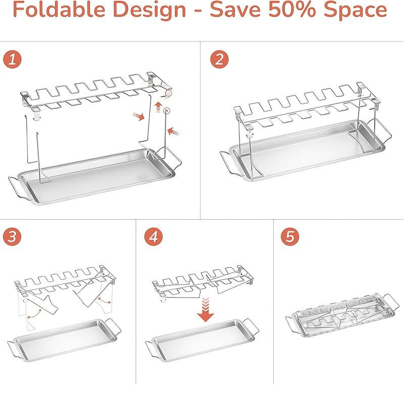 Stainless Steel Chicken Leg Holder with Drip Pan, Foldable Oven Smoker Stand, Easy to Clean, Charcoal Chicken Leg Rack for Outdoor BBQs and Home Use