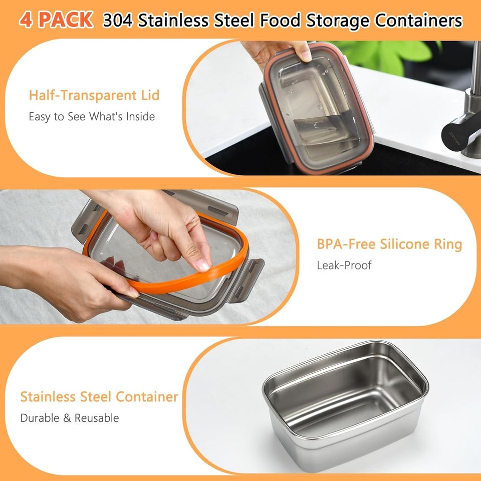 304 Stainless Steel Leak-proof Bread Storage Box Fresh Bento Container Transparent Lid Microwave-Safe 1/3/4 Pieces Multifunctional Food Storage