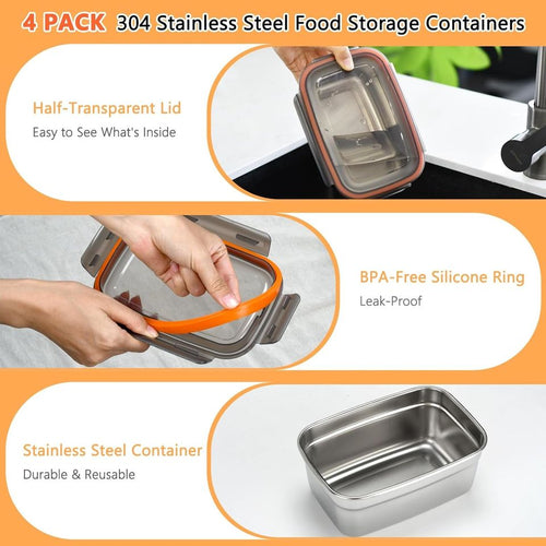 304 Stainless Steel Leak-proof Bread Storage Box Fresh Bento Container Transparent Lid Microwave-Safe 1/3/4 Pieces Multifunctional Food Storage