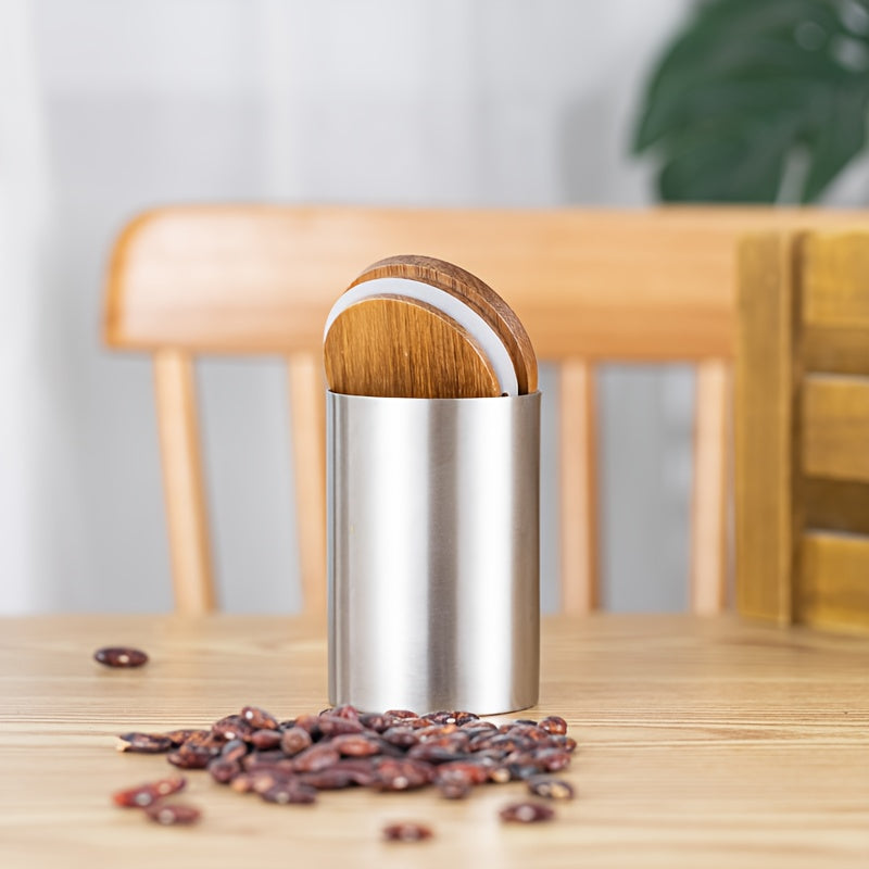 304 Stainless Steel Sealed Glass Grain Japanese Style, Coffee Beans, Tea Storage Jars with Wooden Lid
